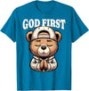 Christian Hip Hop Hustle Praying Teddy Bear Design God First Hip Hop Teddy Bear Cross Christian Streetwear Pray T-Shirt - Sapphire Blue