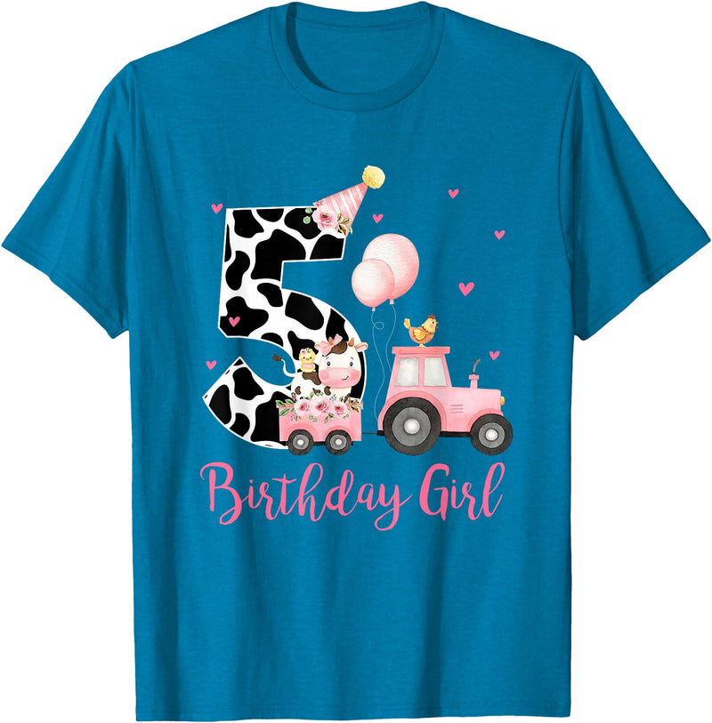 Milk Cow Print 5 Year Old Girl Birthday Gift 5th Birthday Outfit Girl 5 Year Old Farm Cow Chick Tractor T-Shirt - Sapphire