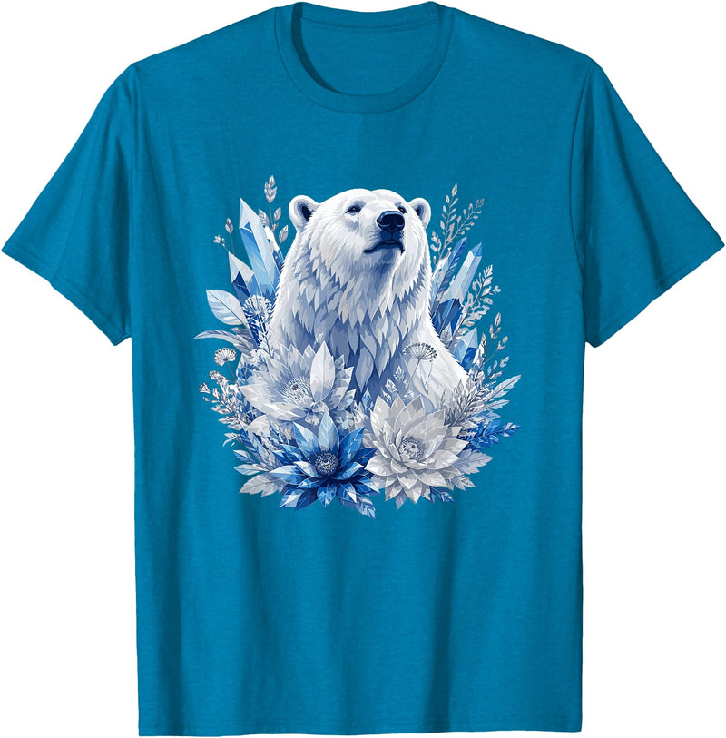 Arctic Polar Bear Crystal Flowers Nature Majestic Arctic Polar Bear with Ice Flowers Fantasy T-Shirt - Sapphire Blue
