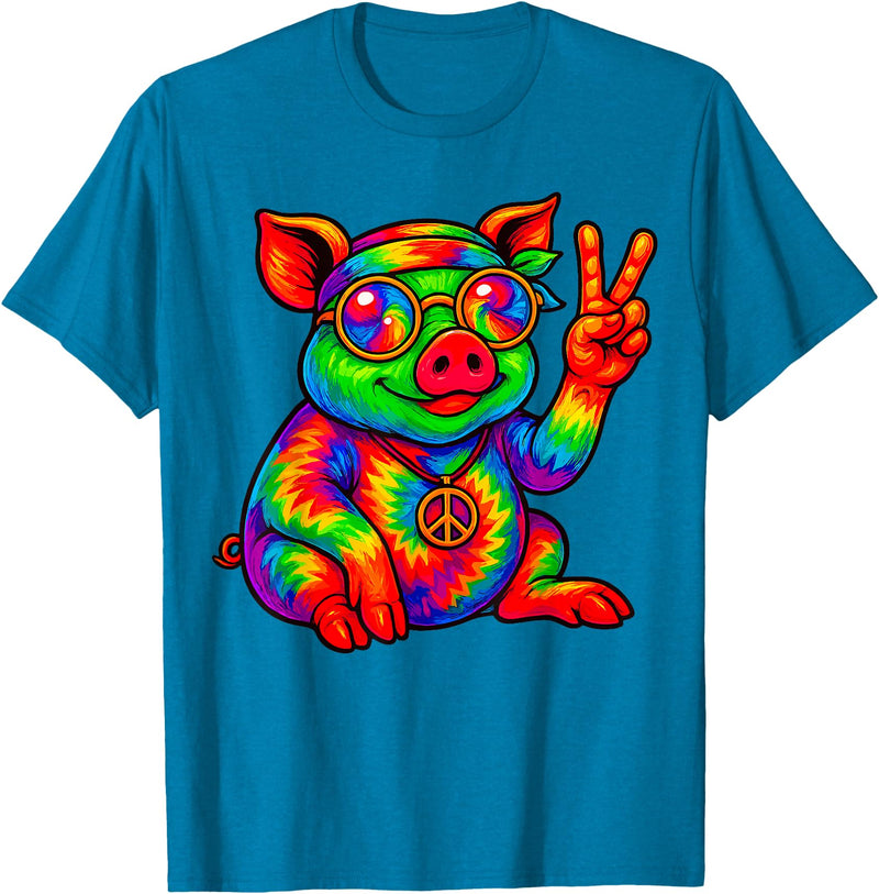 Magical and Funny Pig Gifts Tie-Dye Pig Peace Sign Hippo T-Shirt - Sapphire Blue