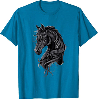 Artful Horse Designs Black Horse Portrait – Friesian Horse T-Shirt - Sapphire Blue
