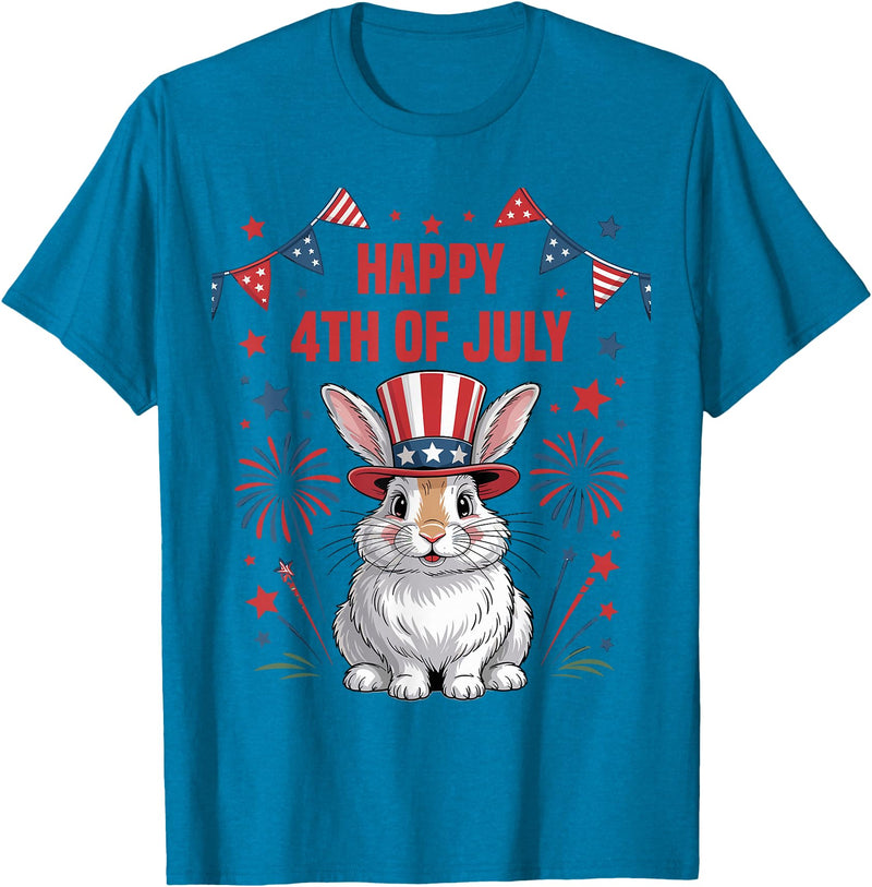 Happy 4th of July Patriotic Rabbit Animals Lovers Fireworks T-Shirt in Sapphire Blue