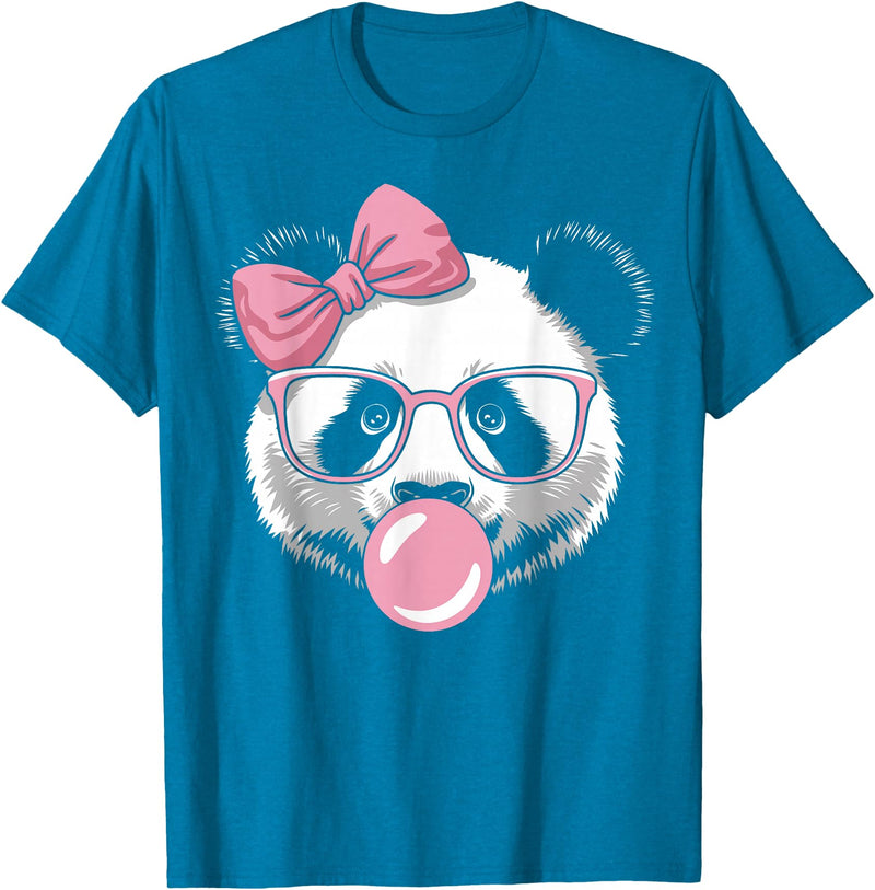 Panda Bear Bubblegum Panda Bear Wearing Glasses and Blowing Pink Bubble Gum T-Shirt - Sapphire Blue