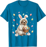 Cute Easter Bunny Rabbit with Eggs Whimsical Sloth Design T-Shirt in Sapphire Blue
