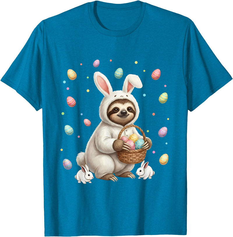 Cute Easter Bunny Rabbit with Eggs Whimsical Sloth Design T-Shirt in Sapphire Blue