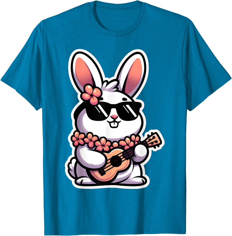 Easter Bunny Rabbit Playing Ukulele Player Musician Hawaii T-Shirt in Sapphire Blue