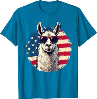 Funny Llama Alpaca Animal Lover Gifts Clothing Llama Alpaca American Flag USA Patriotic T-Shirt - Sapphire Blue