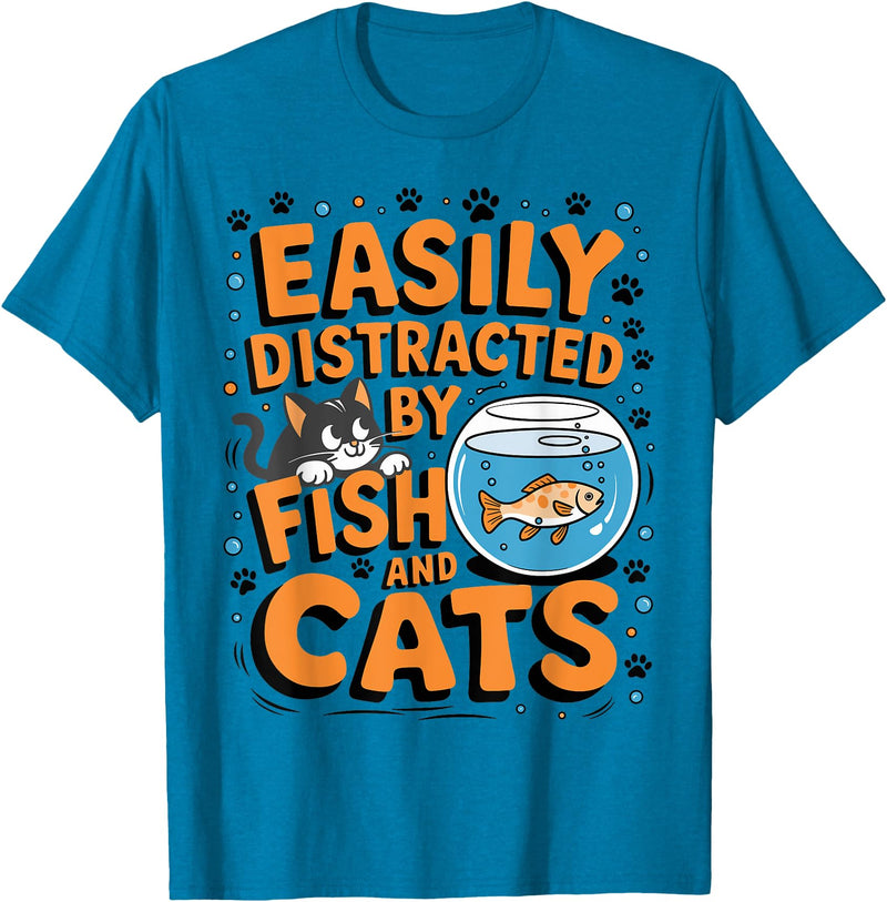 Easily distracted by Apparel Easily Distracted by Fish and Cats T-Shirt - Sapphire Blue