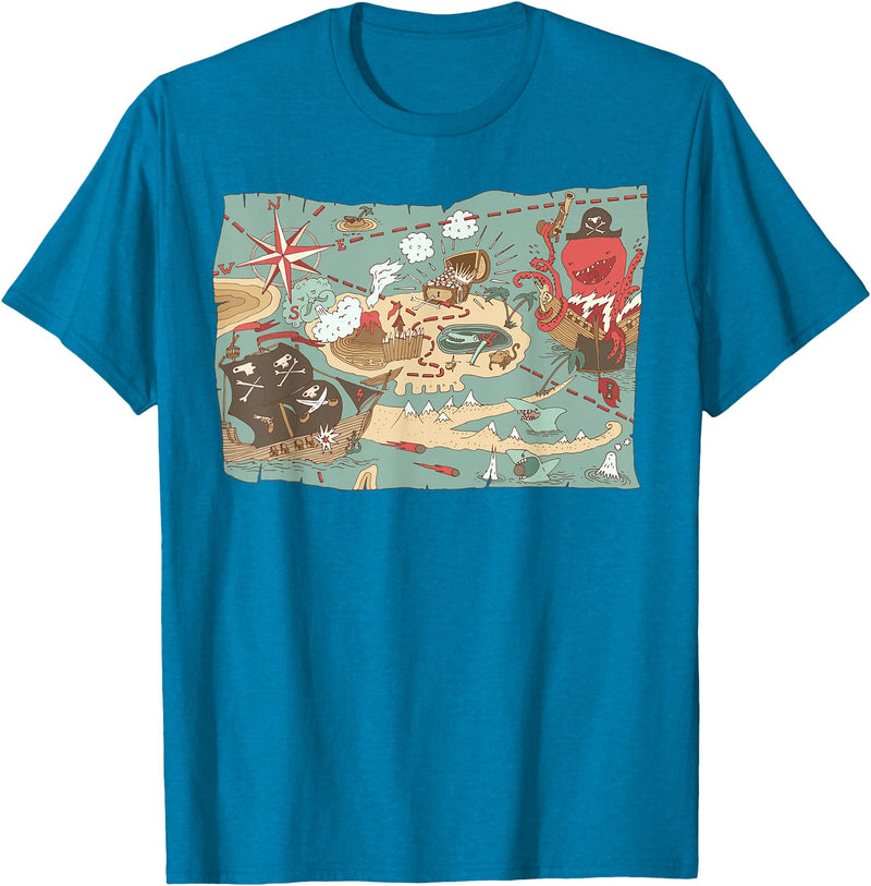 Mel & Bear Treasure Map Ship Sharks Pirates & Skulls Shirt Boys Kids T-Shirt - Sapphire Blue