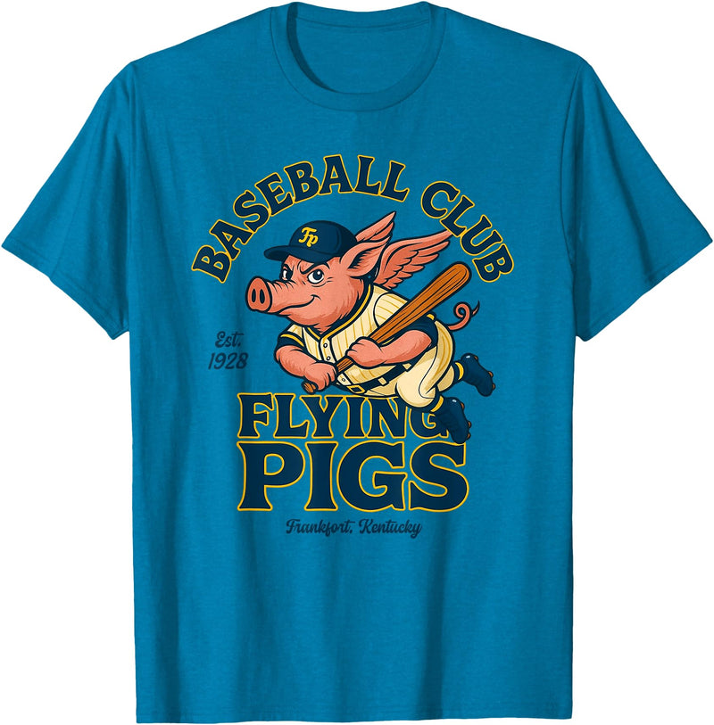 Outfield Outlaws Flying Pigs Retro Minor League Baseball Mascot T-Shirt - Sapphire Blue
