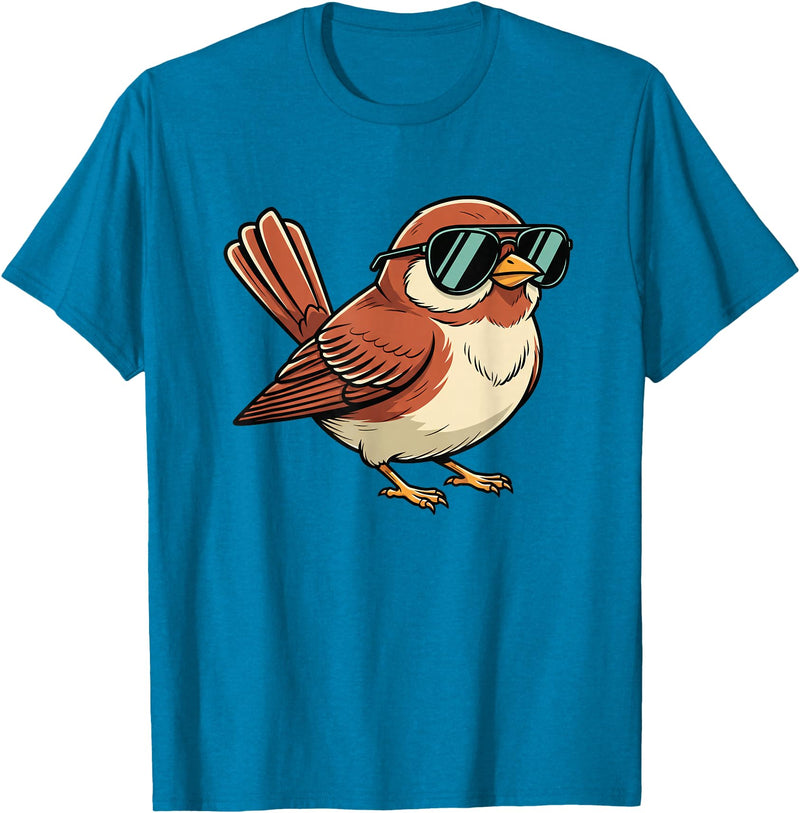 Chipper Feather Co Bird: Sparrow in Sunglasses, Cool Cartoon Avian Attitude T-Shirt - Sapphire Blue
