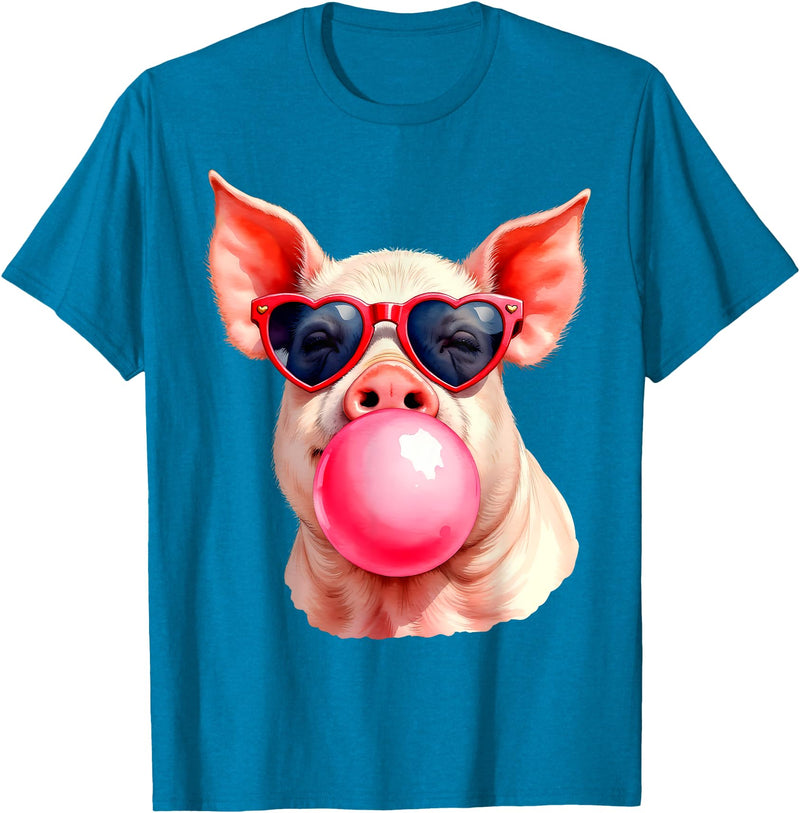 Pig Humor Designs Womens Pig Blowing Bubble Funny Pig T-Shirt - Sapphire Blue