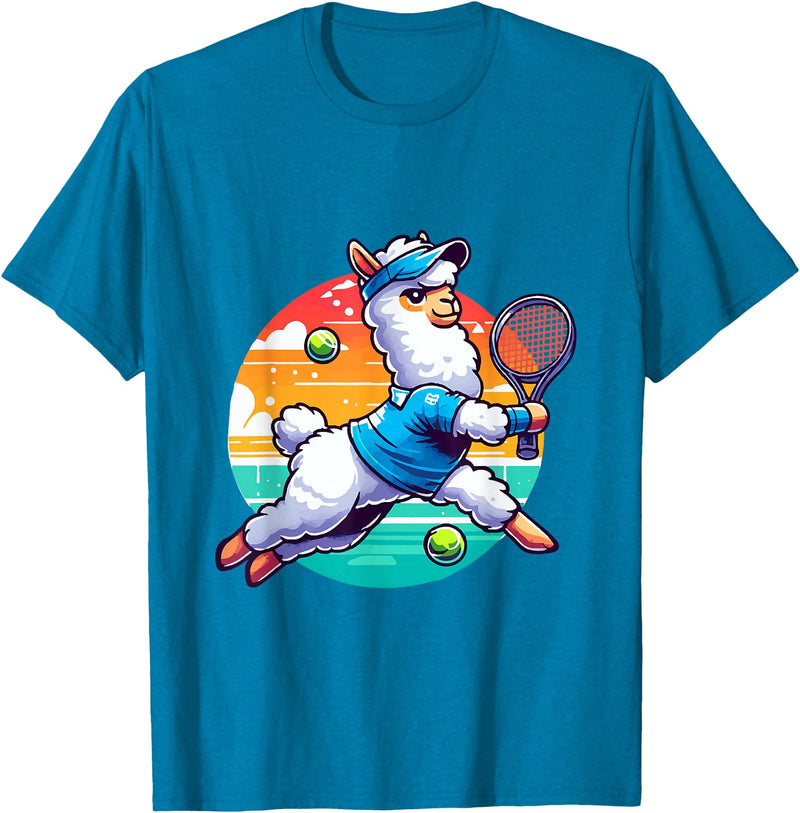 Funny Cute Animals Playing Tennis Apparel Llama Playing Tennis in Front of a Sunset T-Shirt - Sapphire Blue