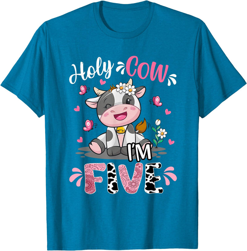 Cow Themed Birthday Party Supplies For Girl 5th Holy Cow I'm Five 5 Years Old 5th Birthday Girl Outfit T-Shirt - Sapphire