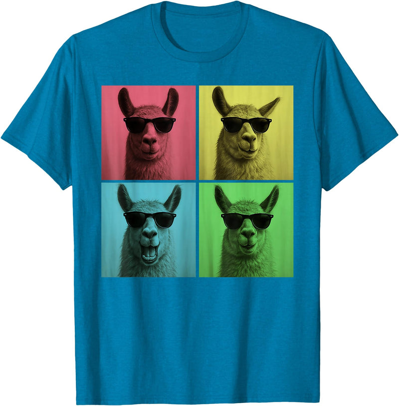 Retro Cute Llama Portrait with Sunglasses Llama Funny Pop Art Llama Lover Photo Booth T-Shirt - Sapphire Blue