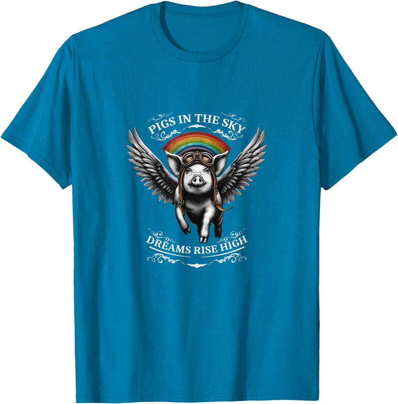 Schwein im Himmel – Träume steigen hoch Flying Pig with Wings in the Sky T-Shirt - Sapphire Blue