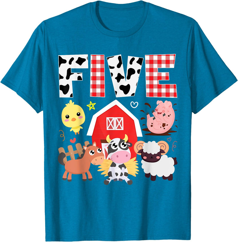 Farm Animals Cow Themed Birthday Party Family Tees 5th Birthday Five Year Old Farm Theme Animals Birthday Party T-Shirt -