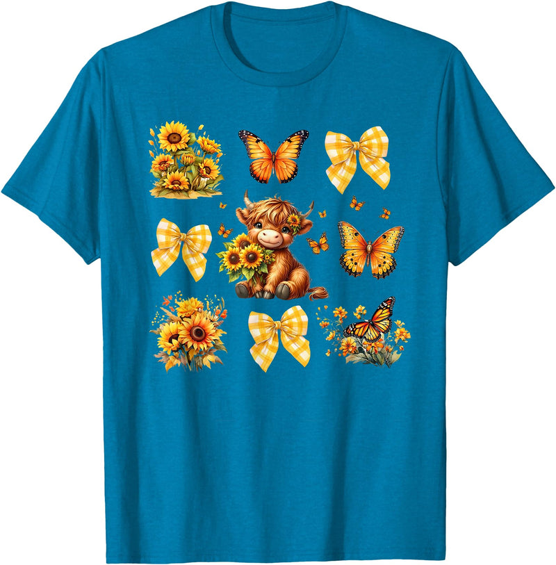 Coquette Bow Scottish Highland Cow Sunflower Shirt Baby Highland Cow With Sunflower Butterflies Farm Western T-Shirt -