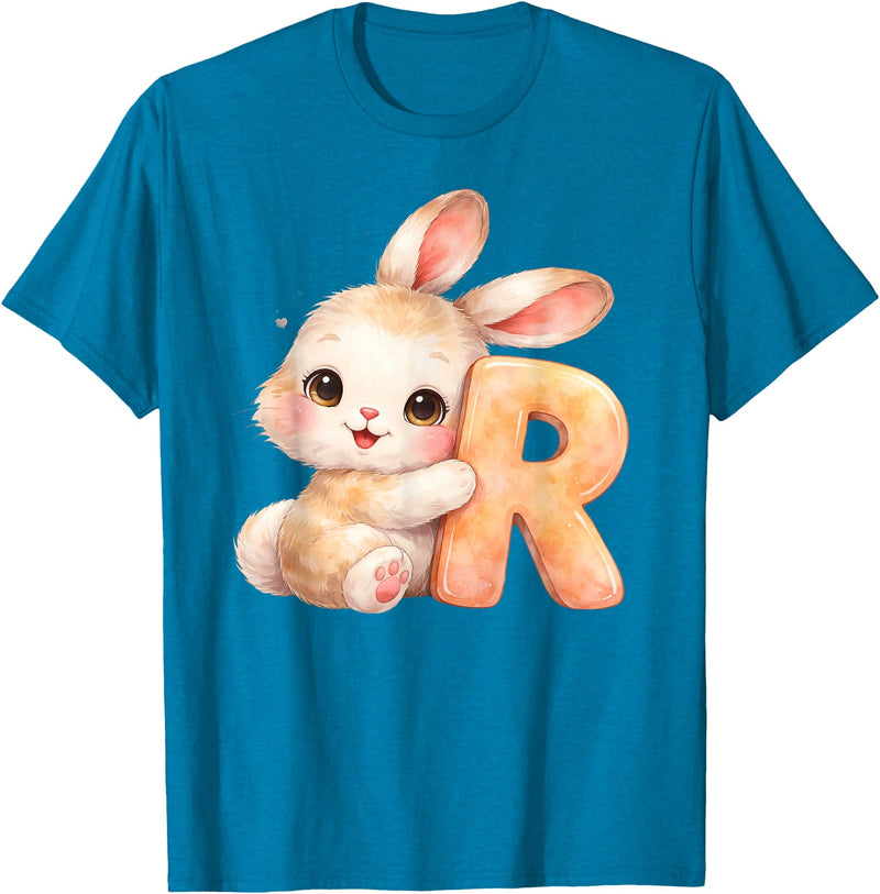 Letter R Rabbit Watercolor Cute Baby Animal Alphabet Initial T-Shirt in Sapphire Blue
