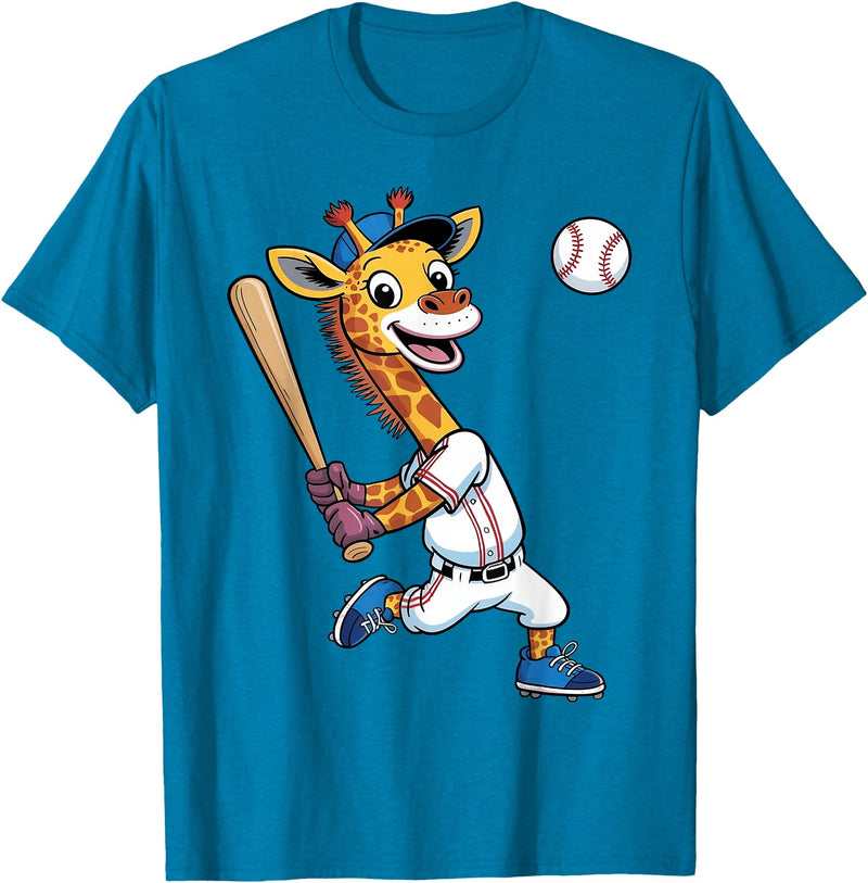 Giraffe Baseball Lover Giraffe Playing Baseball Boys Girls Kids Giraffe Animal T-Shirt - Sapphire Blue
