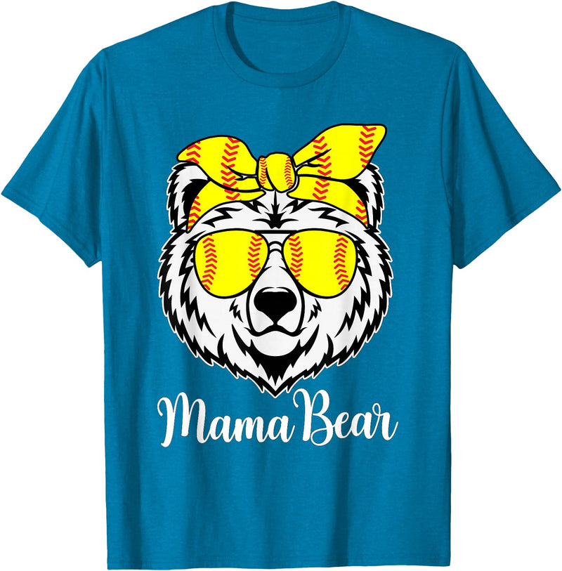 Mama Bear Face Apparel Softball Mama Bear With Sunglasses Bandana Momma Mothers Dy T-Shirt - Sapphire Blue
