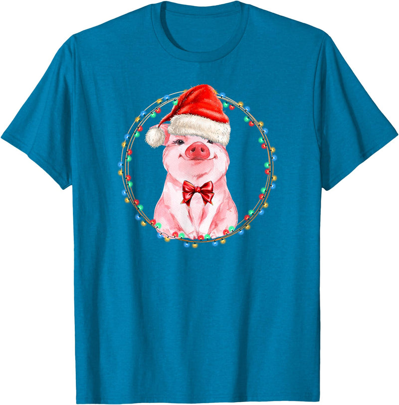 Dibble Dabble Holidays Sweet Pig with Santa Hat Pig Lover Christmas T-Shirt - Sapphire Blue