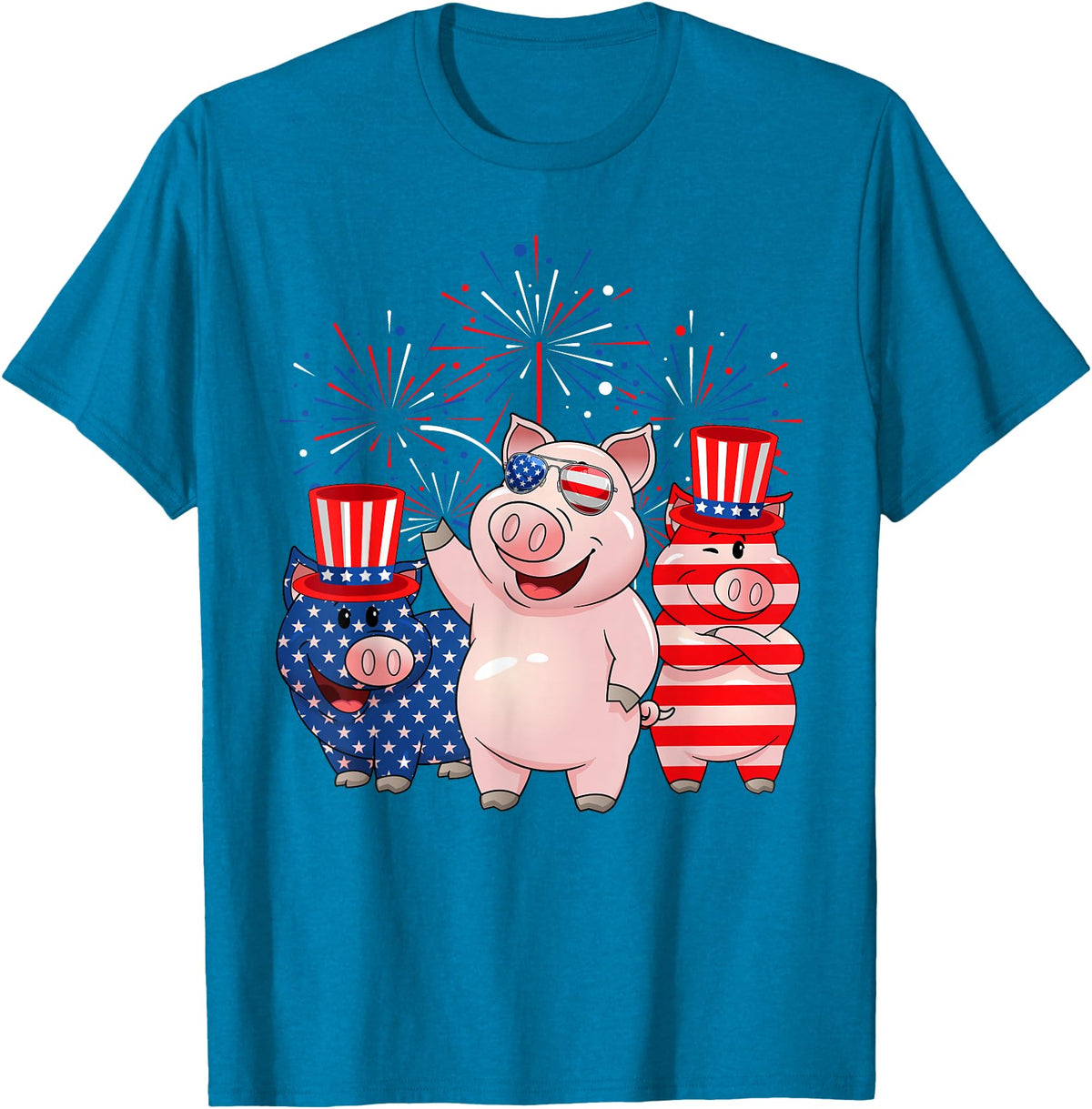 Ohia Three Patriotic Pigs USA Independence Day Tee Funny Red White Blue Pig American Flag Farmer 4th Of July T-Shirt - Sapphire Blue