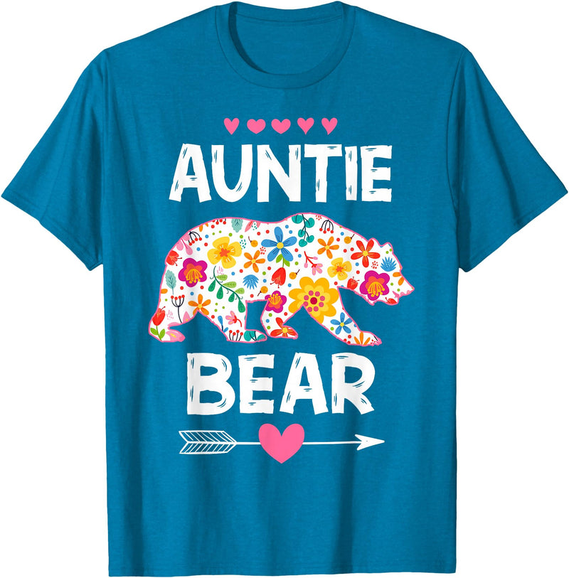 Auntie Bear Cute Floral Mother's Day Family Matching Party T-Shirt - Sapphire Blue
