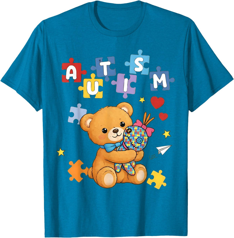 Cute Autism Awareness Puzzle Cute Autism Awareness Bear Colorful Puzzle T-Shirt - Sapphire Blue