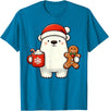 Cute Polar Bear Beanie Christmas Kawaii Japanese Polar Bear Santa Hat Christmas Holiday Xmas Coffee Cookies T-Shirt - Sapphire Blue