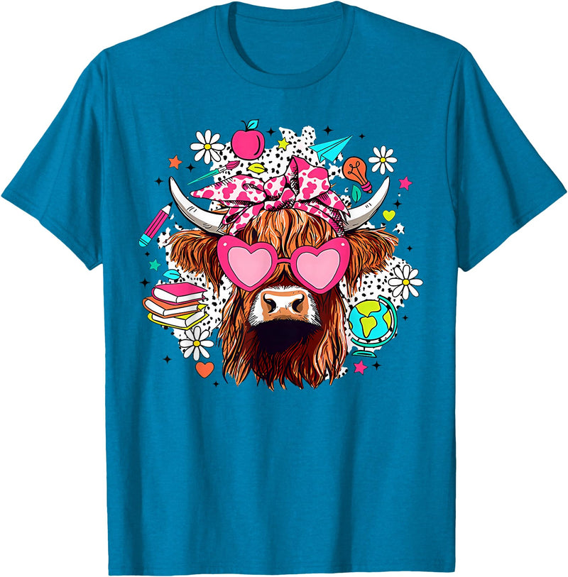 Cute Highland Cow Funny Teacher Life Retro Cute Highland Cow Teacher Bow Flower Heart Glasses T-Shirt - Sapphire Blue
