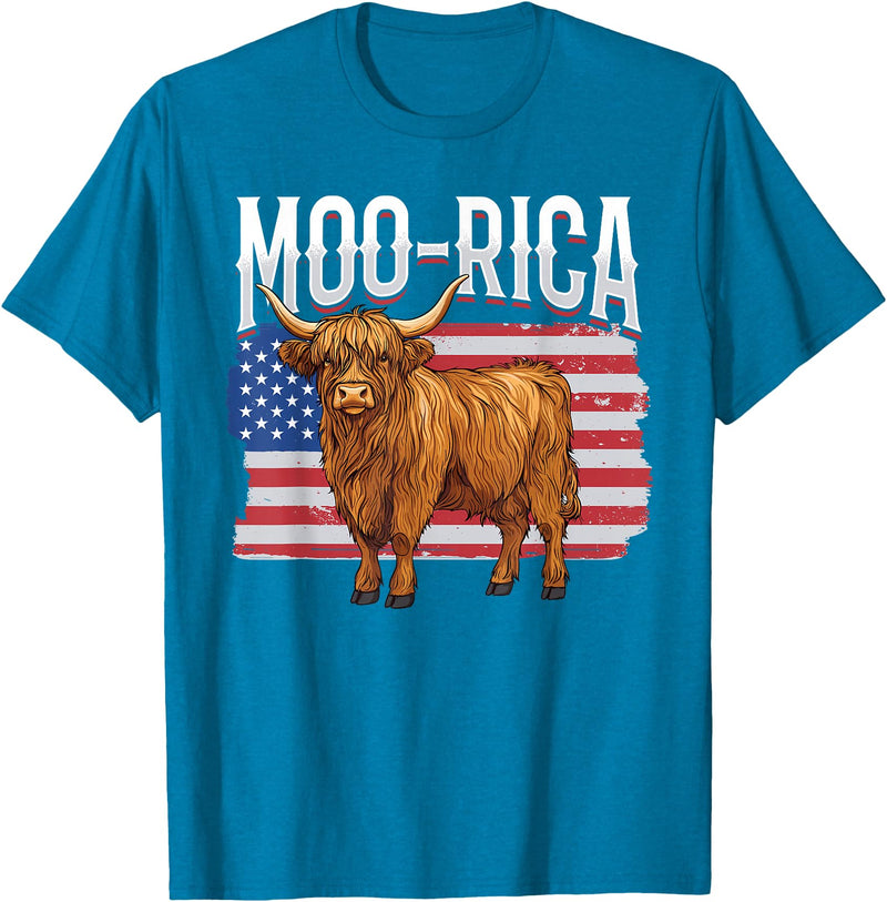 Funny Scottish Highland Cow 4th of July Scottish Highland Cow 4th of July Independence Day Moo-rica T-Shirt - Sapphire Blue