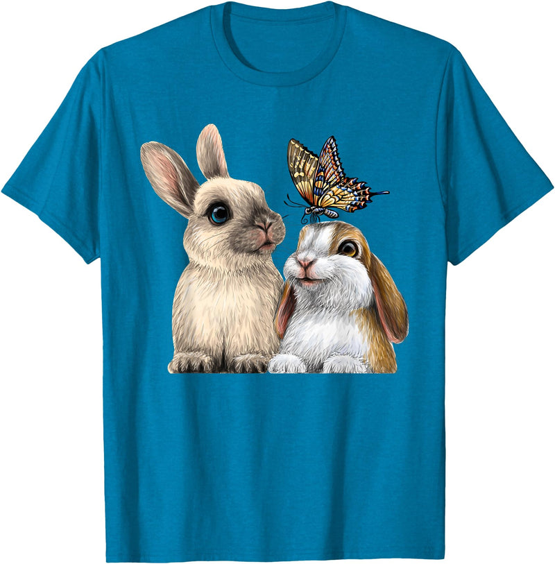 Two Cute Little Rabbits with a Butterfly for Lovers Bunny T-Shirt in Sapphire Blue