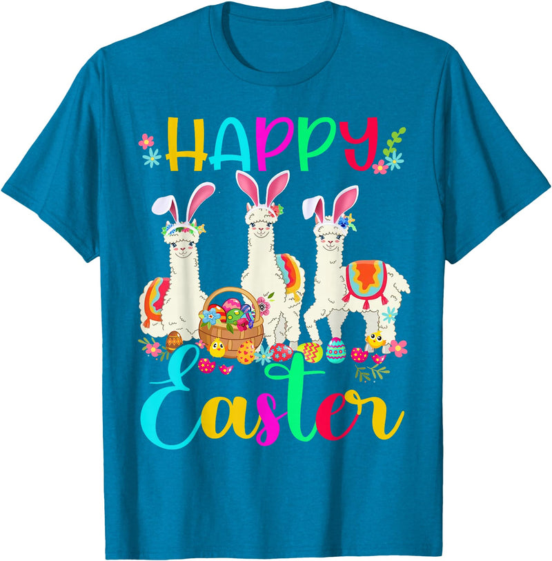 Happy Easter Three Llama Wearing Bunny Ear Happy Easter Llama Lover Three Llama Wearing Bunny Ear T-Shirt - Sapphire Blue