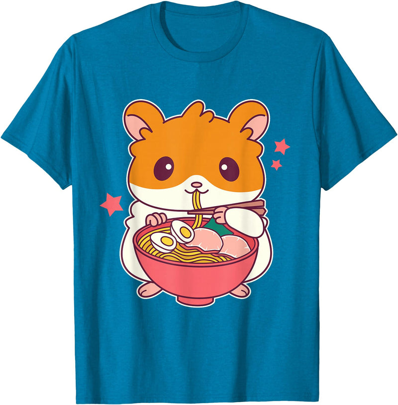 Cute Hamster Eating Ramen Hamster Lovers T-Shirt - Sapphire Blue
