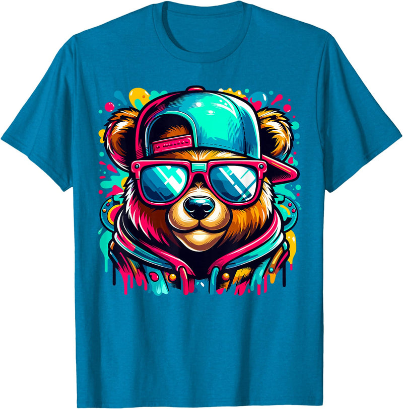 Funny Teddy Bear Lovers Colorful Hip Hop Teddy Bear Sunglasses Rap Music T-Shirt - Sapphire Blue