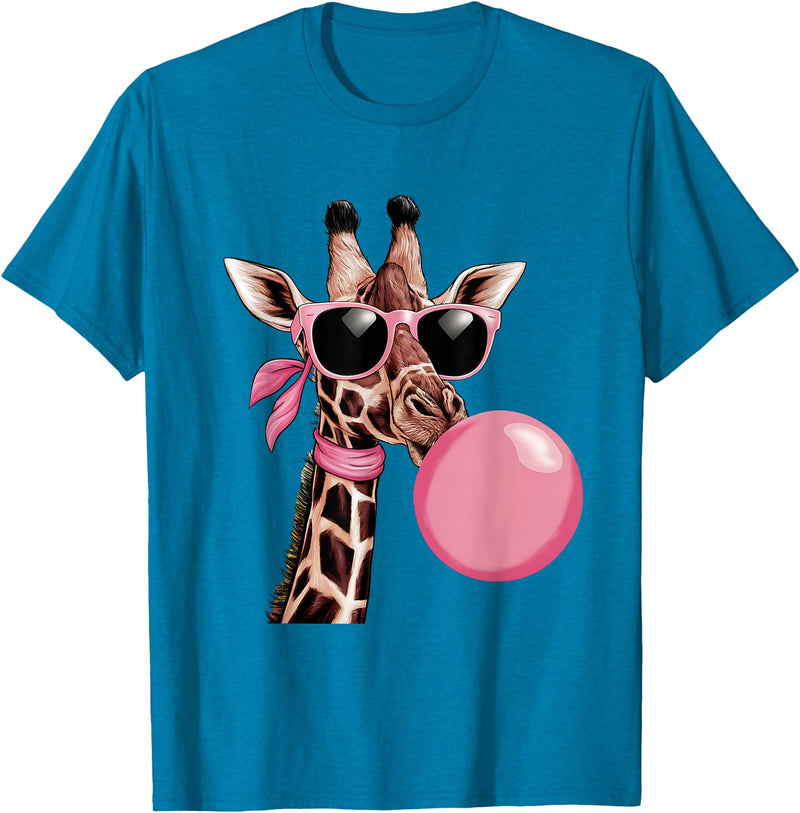 Funny Giraffe Lover Design Outfit Funny Cute Giraffe Pink Bubble Gum and Pink Sunglasses T-Shirt - Sapphire Blue