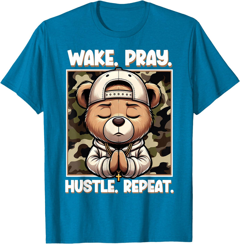 Camouflage Hip Hop Teddy Bear Hustle Grind Designs Wake Pray Hustle Repeat Hip Hop Teddy Bear Boys Teens Camo T-Shirt - Sapphire Blue
