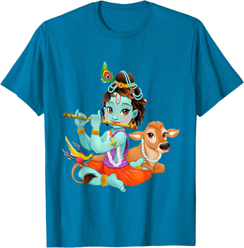 Clever Witty Designs Hindu god Lord Shri Krishna with a Cow and a Bird T-Shirt - Sapphire Blue