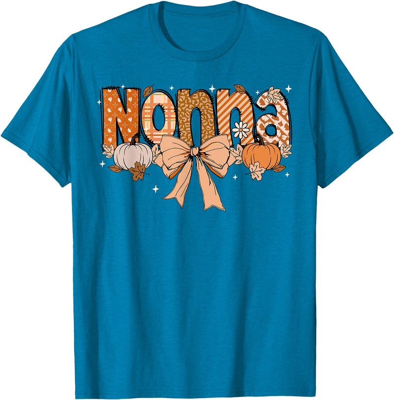 Pumpkin Fall Leopard Happy Thanksgiving Mat Nonna Pumpkin Fall Coquette Bow Thanksgiving Mom Women T-Shirt - Sapphire Blue