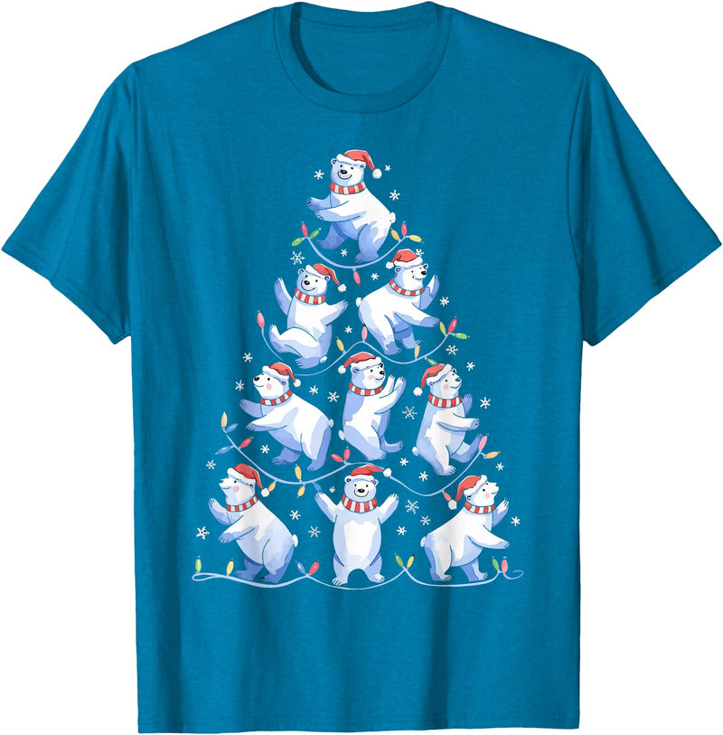 White Giant Christmas Tree Lights Santa Hats Polar Bear Christmas Tree Funny Ice Bear Holiday T-Shirt - Sapphire Blue