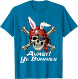 Funny Pirate Skull and Crossbones Avast Ye Bunnies Easter T-Shirt in Sapphire Blue