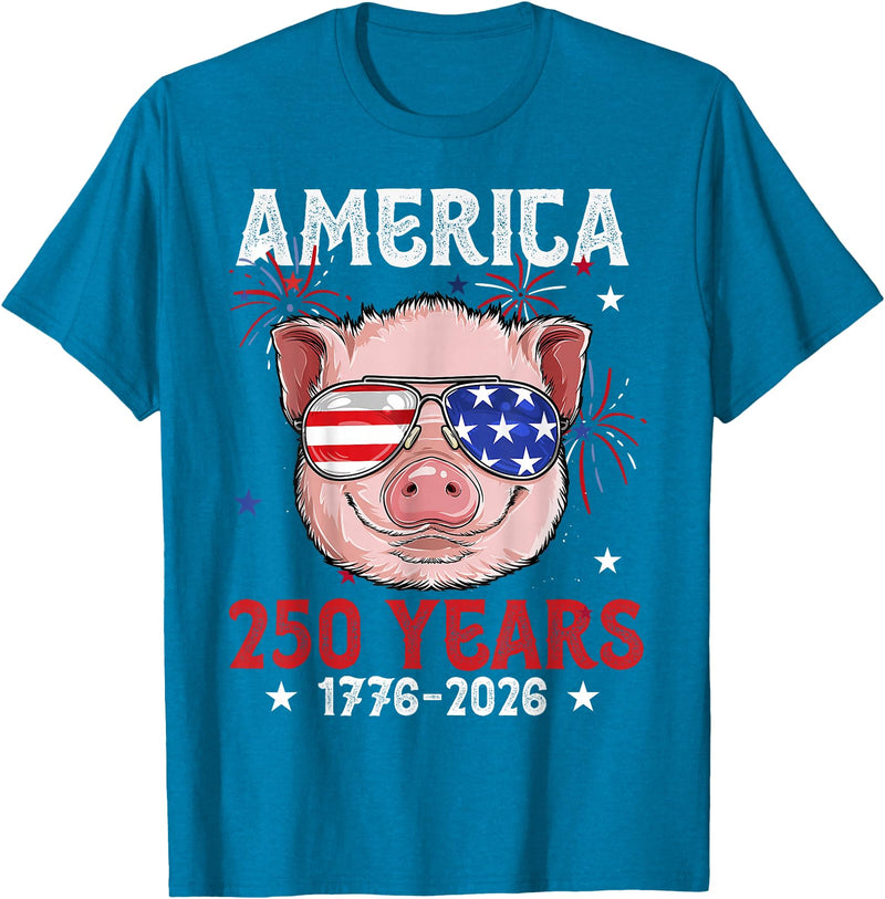 Pig Face 4th of July 1776-2026 Anniversary 250th Pig Sunglasses American Flag America 250 Years Tee 250yr Tee T-Shirt - Sapphire Blue
