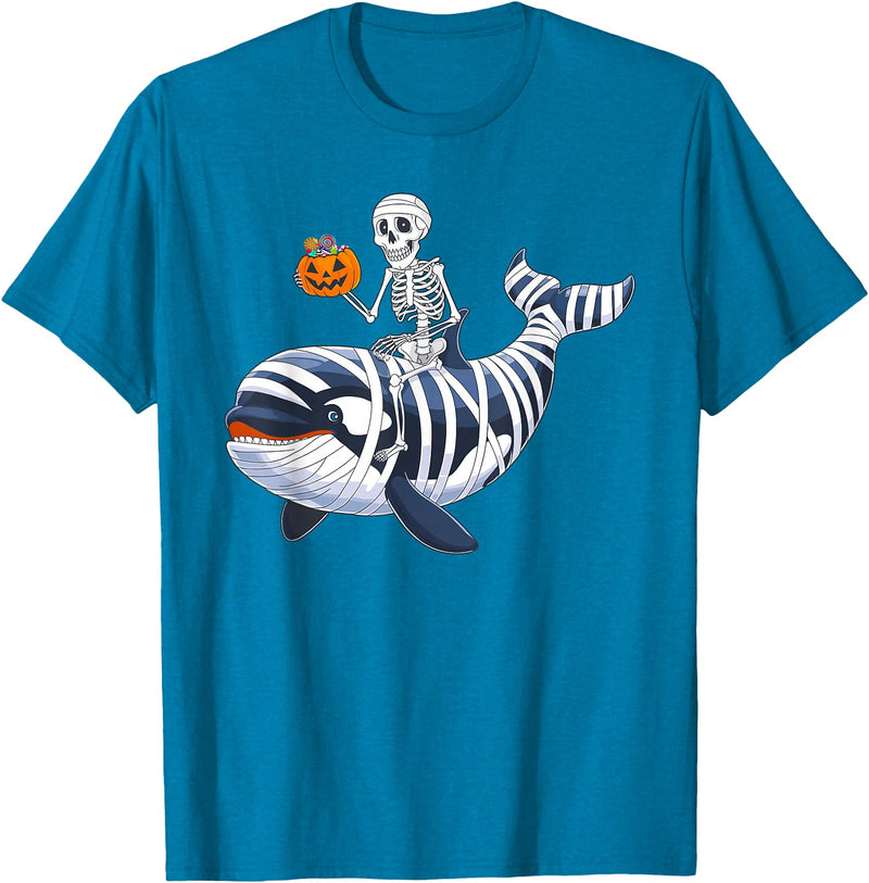 Orca Skeleton Halloween Whale Apparel Co. Skeleton Riding Mummy Orca Halloween Candy Whale T-Shirt - Sapphire Blue