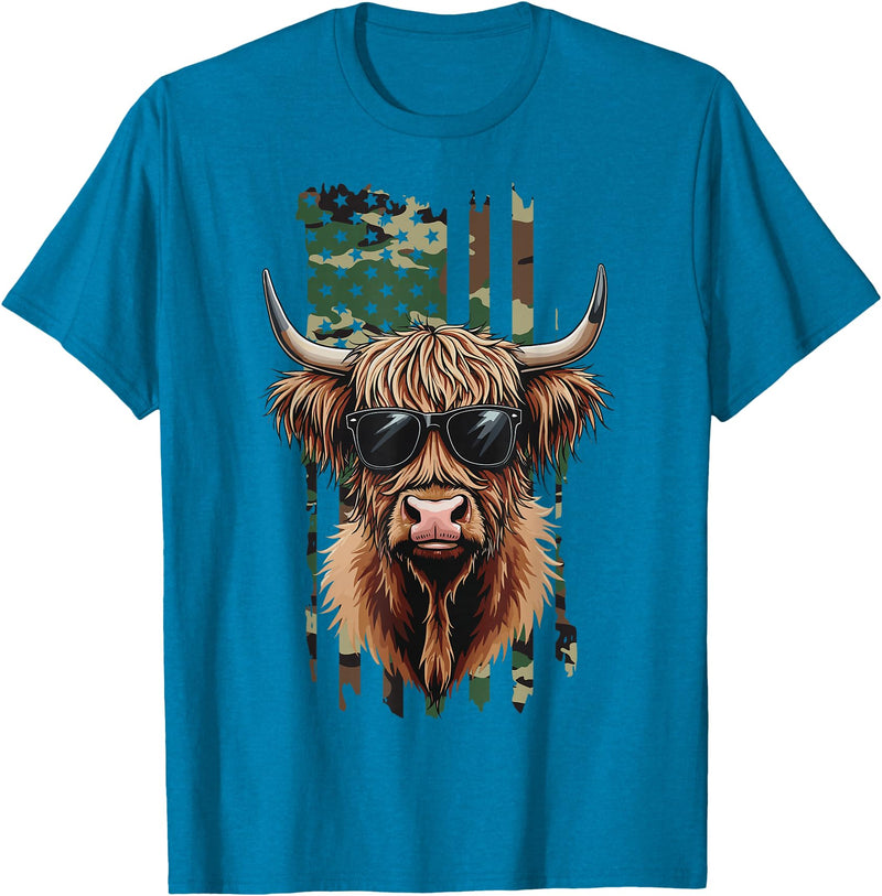 Highland Cow by AKH Highland Cow Camo American Flag, Patriotic Highland Cow T-Shirt - Sapphire Blue