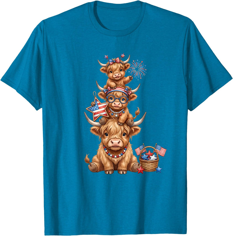 Funny 4th Of July Highland Cow Apparel Cute Highland Cow 4th of July Patriotic American Flag T-Shirt - Sapphire Blue