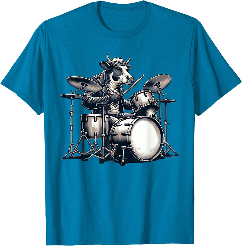 Cute Cow Playing Drums Cow Lover Apparel Cute Cow Playing Drums Cows Drummer Music T-Shirt - Sapphire Blue