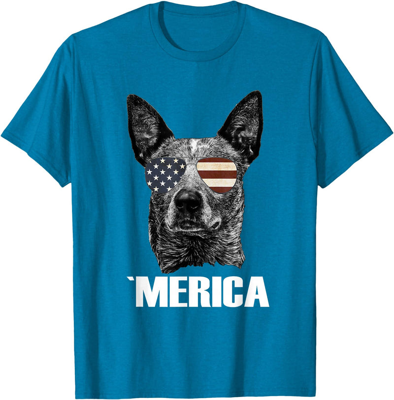 Australian Cattle Dog Patriotic Tee Gifts Merica Australian Cattle Dog with USA Flag Sunglasses Gift T-Shirt - Sapphire Blue