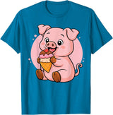 Funny Cute Pig Ice Cream Kawaii Design Pig Eating Ice Cream Graphic Boys Girls Pig Lover T-Shirt - Sapphire Blue