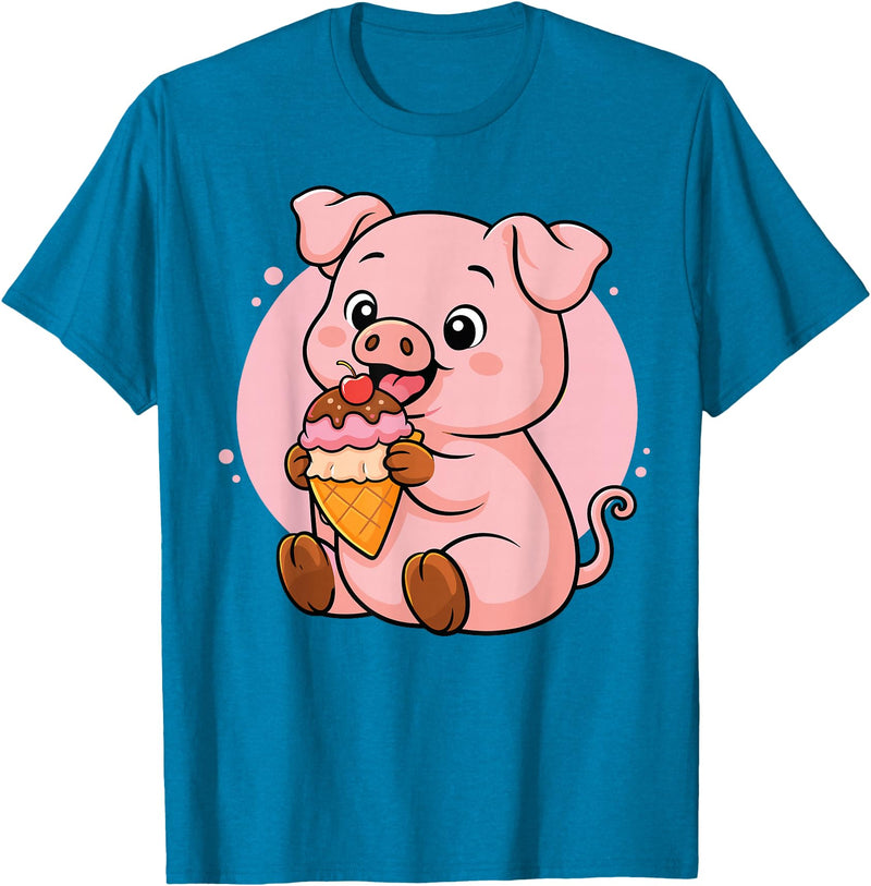Funny Cute Pig Ice Cream Kawaii Design Pig Eating Ice Cream Graphic Boys Girls Pig Lover T-Shirt - Sapphire Blue